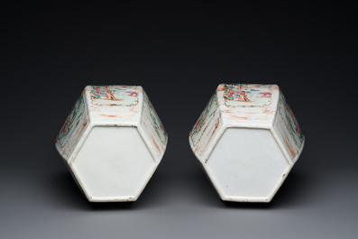 A pair of hexagonal Chinese Canton famille rose 'mandarin subject' vases, Qianlong