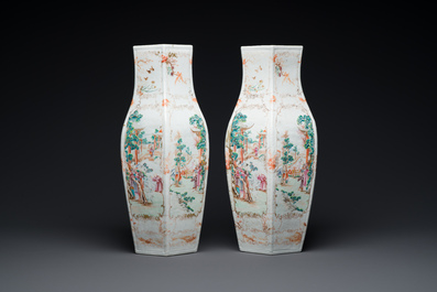 A pair of Chinese hexagonal Canton famille rose 'mandarin subject' vases, Qianlong