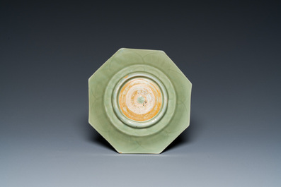 A Chinese octagonal Longquan celadon dish with underglaze design, Ming