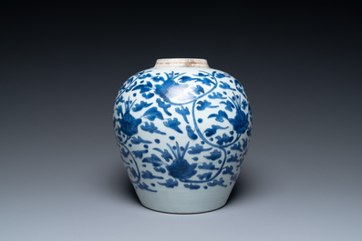 A Chinese blue and white 'lotus scroll' jar, Transitional period