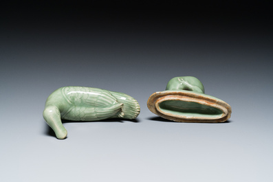 A Chinese Longquan celadon duck-form censer, Ming