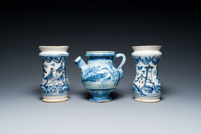 A pair of Italian blue, white and manganese albarelli and a wet drug jar, Savona, 17th C.