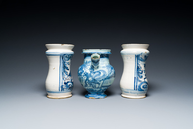 A pair of Italian blue, white and manganese albarelli and a wet drug jar, Savona, 17th C.