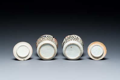 A pair of Japanese double-walled reticulated vases and a dish, Edo, 18/19th C.