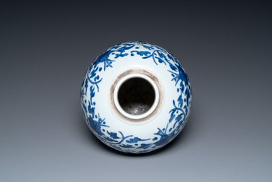 A Chinese blue and white 'lotus scroll' jar, Transitional period