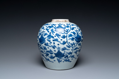 A Chinese blue and white 'lotus scroll' jar, Transitional period