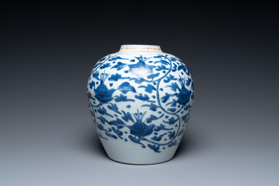 A Chinese blue and white 'lotus scroll' jar, Transitional period