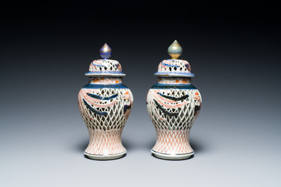 A pair of Japanese double-walled reticulated vases and a dish, Edo, 18/19th C.