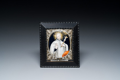 A Limoges enamel plaque depicting Saint Regis, signed Jean Baptiste II Nouailher, France, 18th C.