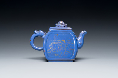 A Chinese gilt-decorated blue-enamelled Yixing stoneware teapot and cover, Qianlong mark, 20th C.