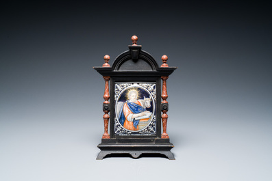 A Limoges enamel plaque depicting Saint Luke in an attractive frame, France, 17/18th C.