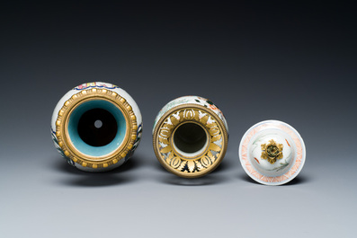 A Chinese famille verte vase and an enamelled Yixing stoneware vase with gilt bronze mounts, 19th C.