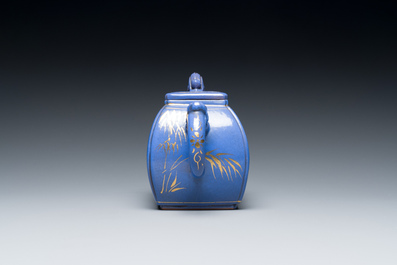 A Chinese gilt-decorated blue-enamelled Yixing stoneware teapot and cover, Qianlong mark, 20th C.