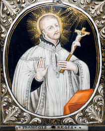 A Limoges enamel plaque depicting Saint Regis, signed Jean Baptiste II Nouailher, France, 18th C.