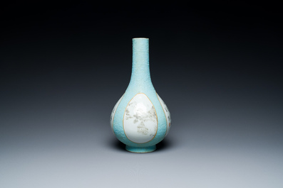 A Chinese turquoise-ground grisaille vase, Wan Yu 玩玉 seal mark, Qianlong mark and probably of the period