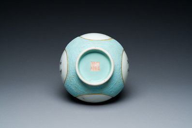 A Chinese turquoise-ground grisaille vase, Wan Yu 玩玉 seal mark, Qianlong mark and probably of the period