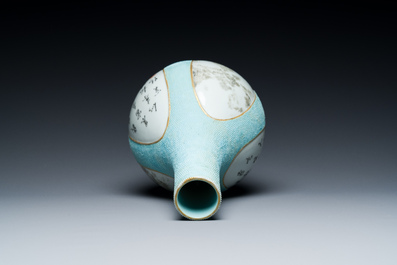 A Chinese turquoise-ground grisaille vase, Wan Yu 玩玉 seal mark, Qianlong mark and probably of the period