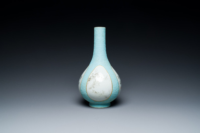 A Chinese turquoise-ground grisaille vase, Wan Yu 玩玉 seal mark, Qianlong mark and probably of the period