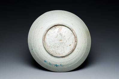 A deep Chinese  turquoise- and black-enamelled Swatow 'monastery' dish, Ming