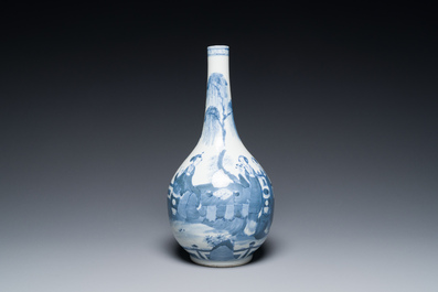A Chinese blue and white bottle vase, a censer, a bottle and a famille verte plate, Kangxi and later