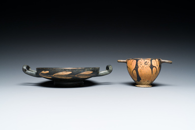 A Greek kylix with a swan and a skyphos with an owl, Apulia, Italy, ca. 4th C. b.C