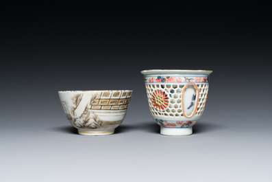 A Chinese Imari-style double-walled reticulated cup and a grisaille and gilt cup, Kangxi/Qianlong