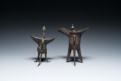 Two Chinese bronze ritual wine vessels, 'jue', 18/19th C.