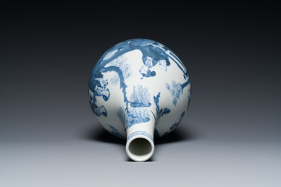 A Chinese blue and white bottle vase, a censer, a bottle and a famille verte plate, Kangxi and later