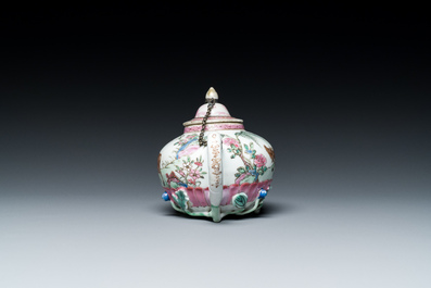A Chinese famille rose teapot, four cups and three saucers, Yongzheng