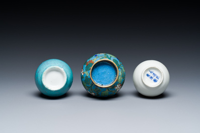 Three small Chinese bottle vases in cloisonn&eacute;, white and robin's-egg-glazed porcelain, 19/20th C.