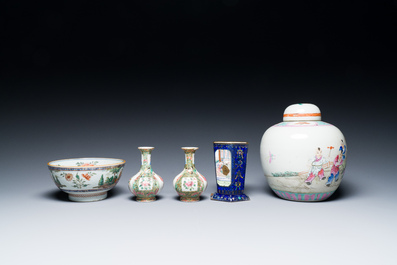 A varied collection of Chinese porcelain and Canton enamel, 18/19th C.