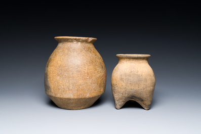 Two Chinese pottery storage or cooking vessels, 'Li', Neolithic period