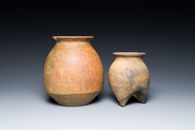 Two Chinese pottery storage or cooking vessels, 'Li', Neolithic period