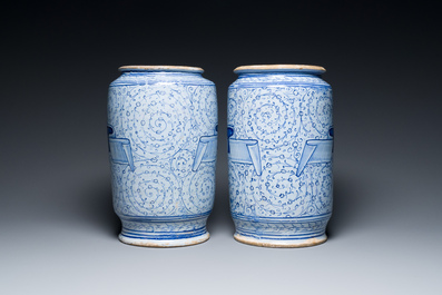 A rare pair of large Italian maiolica albarelli with 'Golden Horn' decoration, probably Venice, middle of the 16th C.