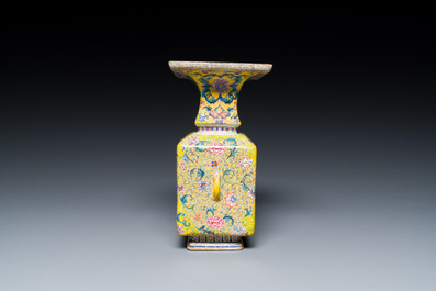 A Chinese yellow-ground Canton enamel 'European subject' vase, Qianlong mark and of the period