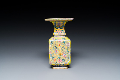 A Chinese yellow-ground Canton enamel 'European subject' vase, Qianlong mark and of the period
