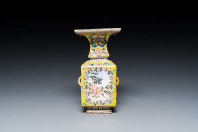 A Chinese yellow-ground Canton enamel 'European subject' vase, Qianlong mark and of the period