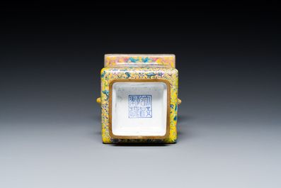 A Chinese yellow-ground Canton enamel 'European subject' vase, Qianlong mark and of the period
