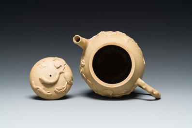 A Chinese Yixing stoneware teapot and cover with squirrels and butterflies, Chen Janyin 陳建寅 seal mark, Kangxi