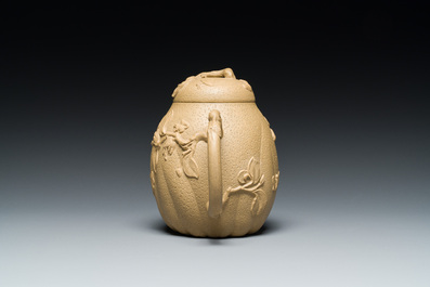 A Chinese Yixing stoneware teapot and cover with squirrels and butterflies, Chen Janyin 陳建寅 seal mark, Kangxi