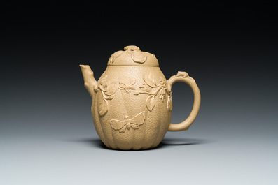 A Chinese Yixing stoneware teapot and cover with squirrels and butterflies, Chen Janyin 陳建寅 seal mark, Kangxi