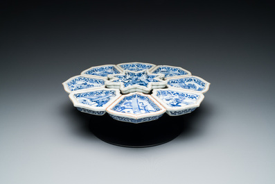 An exceptional Chinese blue and white nine-piece sweetmeat set, Kangxi