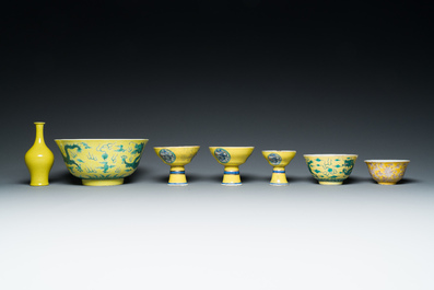 A varied collection of Chinese yellow-ground porcelain, 19/20th C.