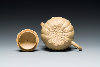 A Chinese Yixing stoneware teapot and cover with squirrels and butterflies, Chen Janyin 陳建寅 seal mark, Kangxi
