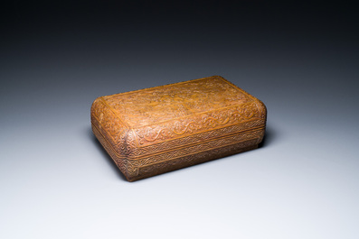 A Chinese rectangular huanghuali wooden box and cover with dragons, 17/18th C.