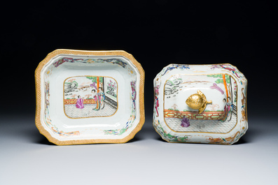 Two fine monogrammed Chinese Canton famille rose tureens and a bowl, mid-19th C.