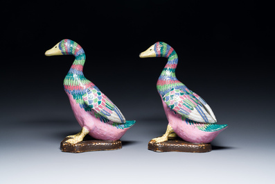 A pair of Chinese famille rose models of ducks, 19/20th C.
