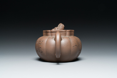 A Chinese Yixing stoneware teapot and cover, signed Li Yong 利永, Yixing seal mark, dated 1934