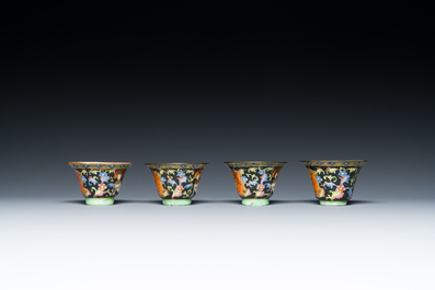 Four Chinese Thai market Bencharong 'Theppanom' wine cups, 19th C.