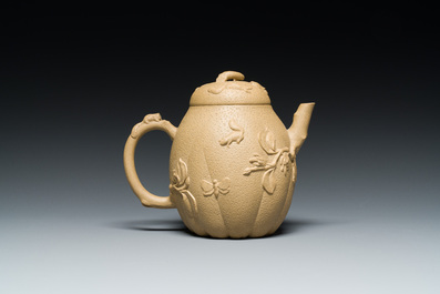 A Chinese Yixing stoneware teapot and cover with squirrels and butterflies, Chen Janyin 陳建寅 seal mark, Kangxi